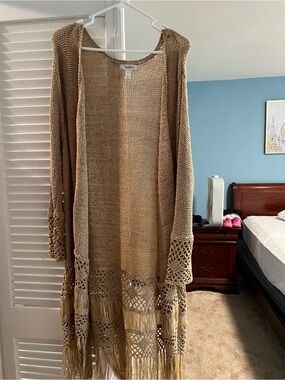 Dress Barn Crochet Fringe Open-Front Cardigan - Tan